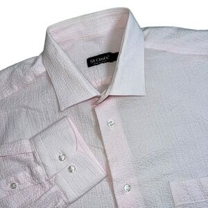 St Croix Mens‎ Large Solid Pink Seersucker Long Sleeve Button Up Dress Shirt